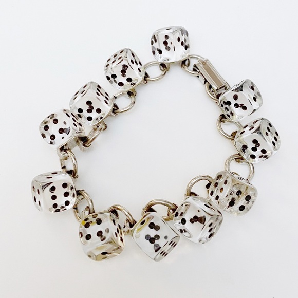 Vintage Retro Clear Acrylic Lucite Dangling Dice Bracelet - Picture 3 of 4